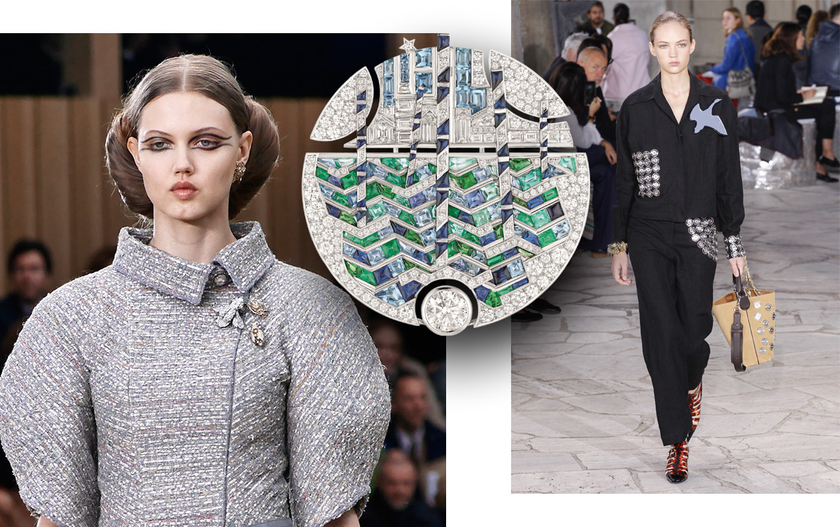 Chanel catwalk, Chanel Spring in Venice brooch with sapphires, emeralds and diamonds, Loewe catwalk