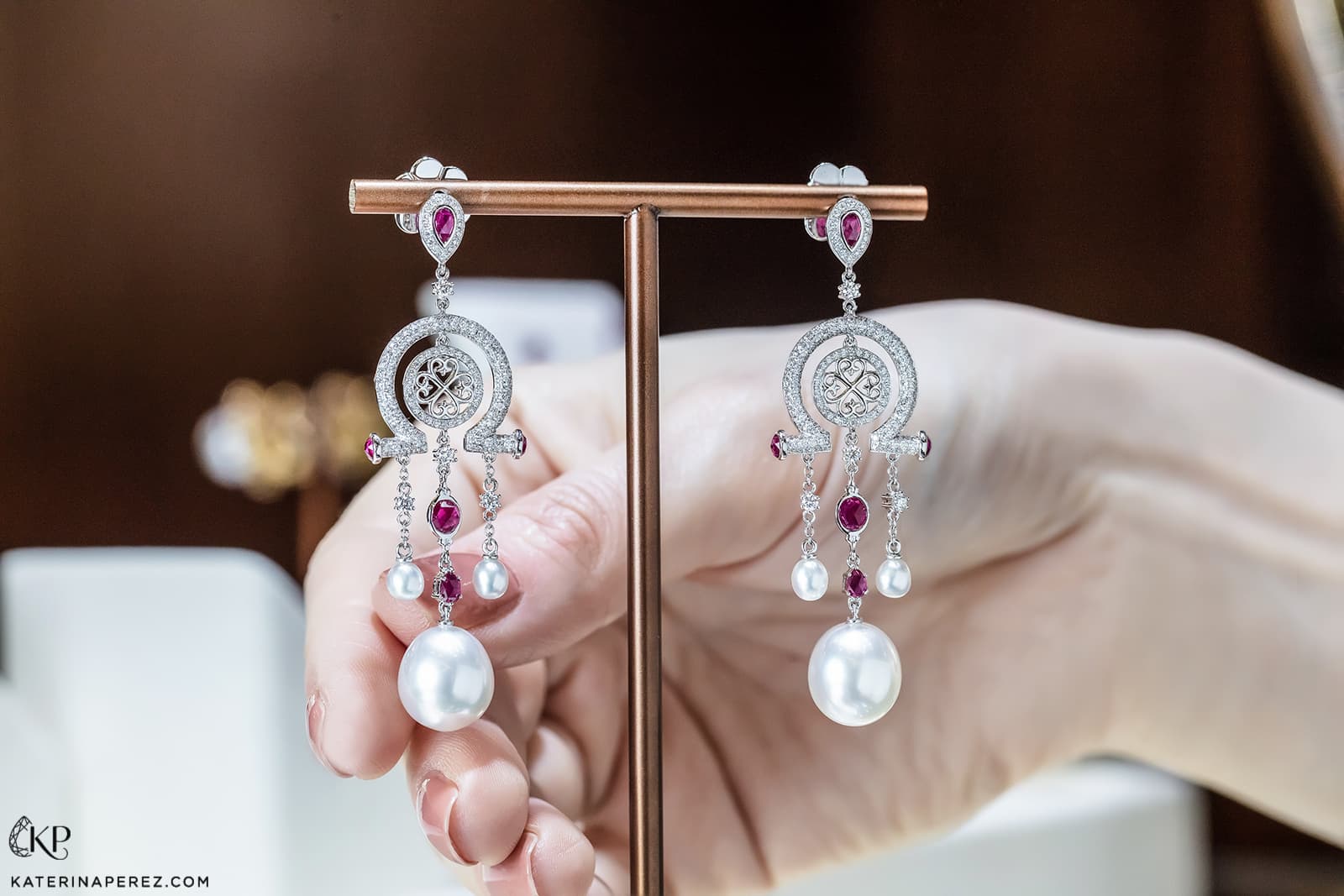 Autore 'Mediterranean' collection chandelier earrings with diamonds, rubies and South Sea pearls in 18k white gold