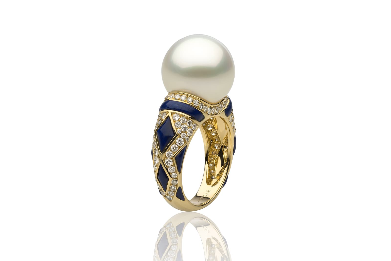  Autore 'Mediterranean' collection cocktail ring with diamonds, South Sea pearls and lapis lazuli in 18k yellow gold