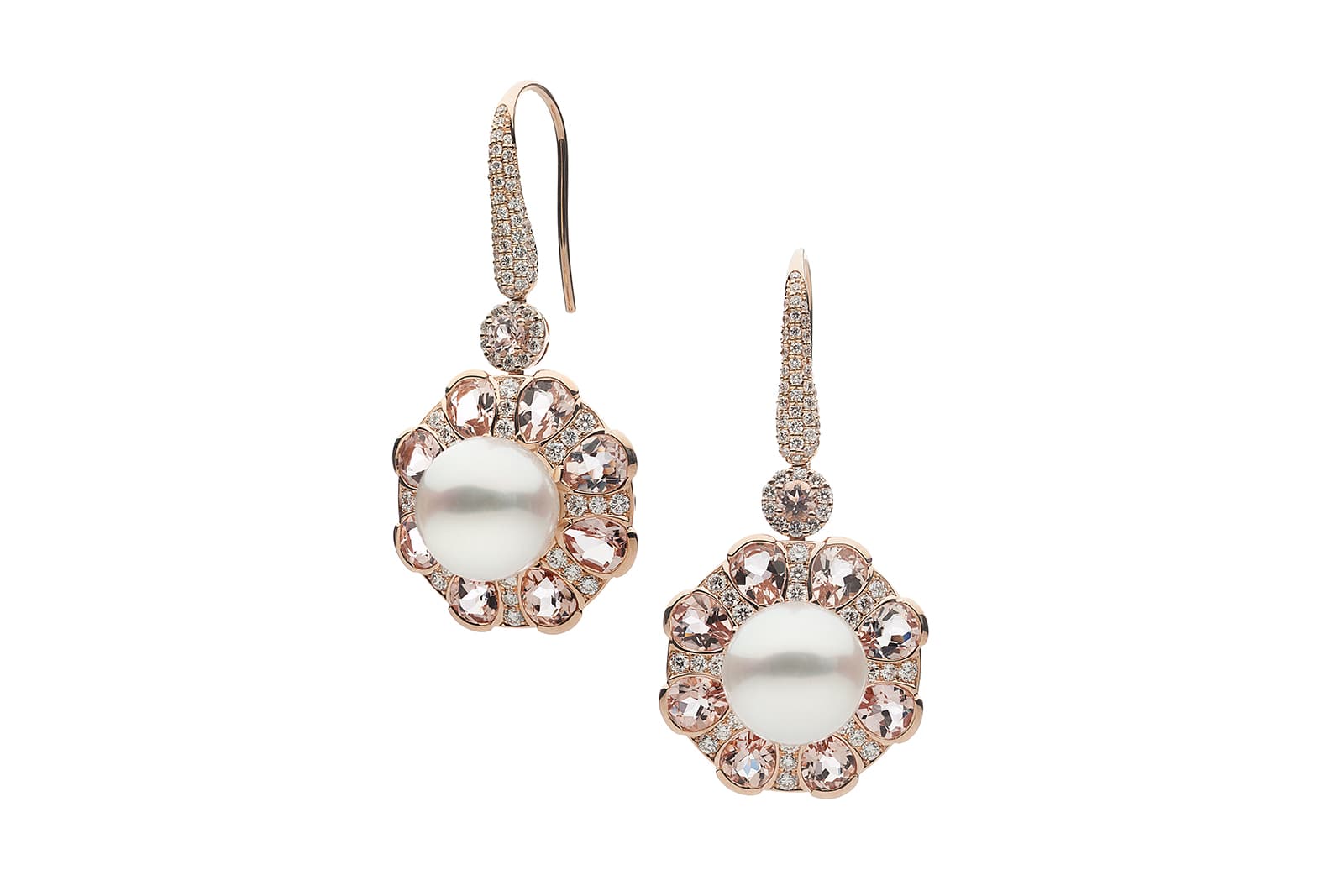  Autore 'Rose Cut' earrings with diamonds and South Sea pearls in 18k rose gold