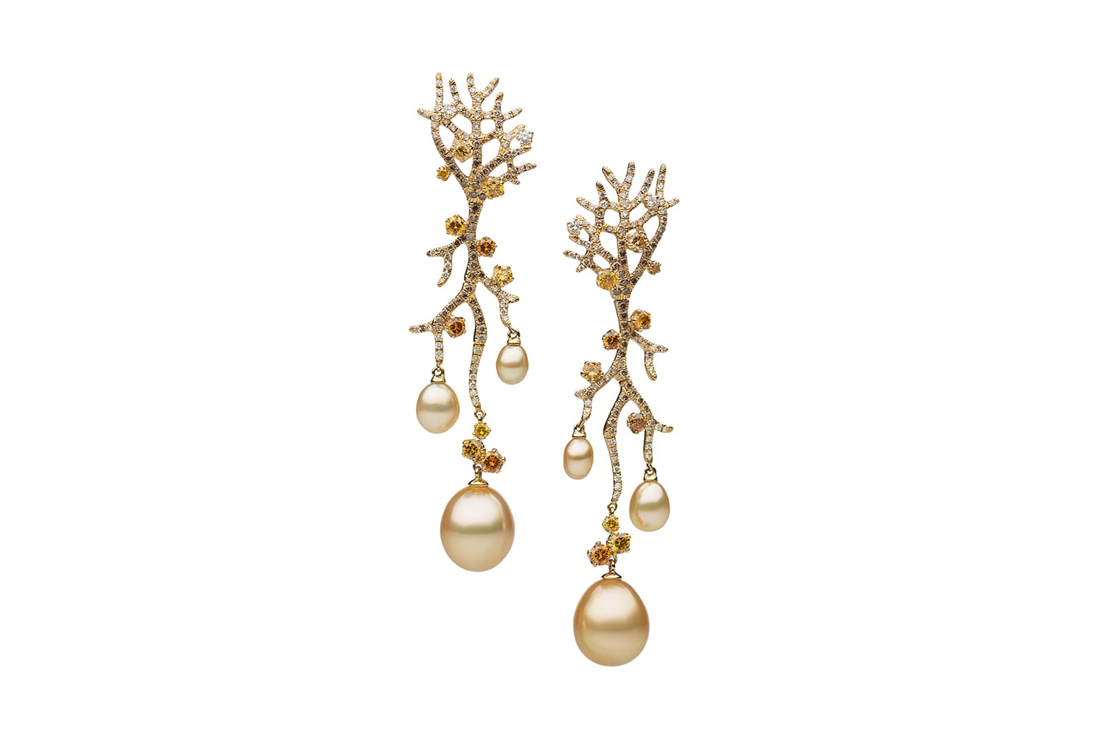 Autore 'Coral' drop earrings with diamonds, yellow and orange sapphires and South Sea pearls in 18k yellow gold 