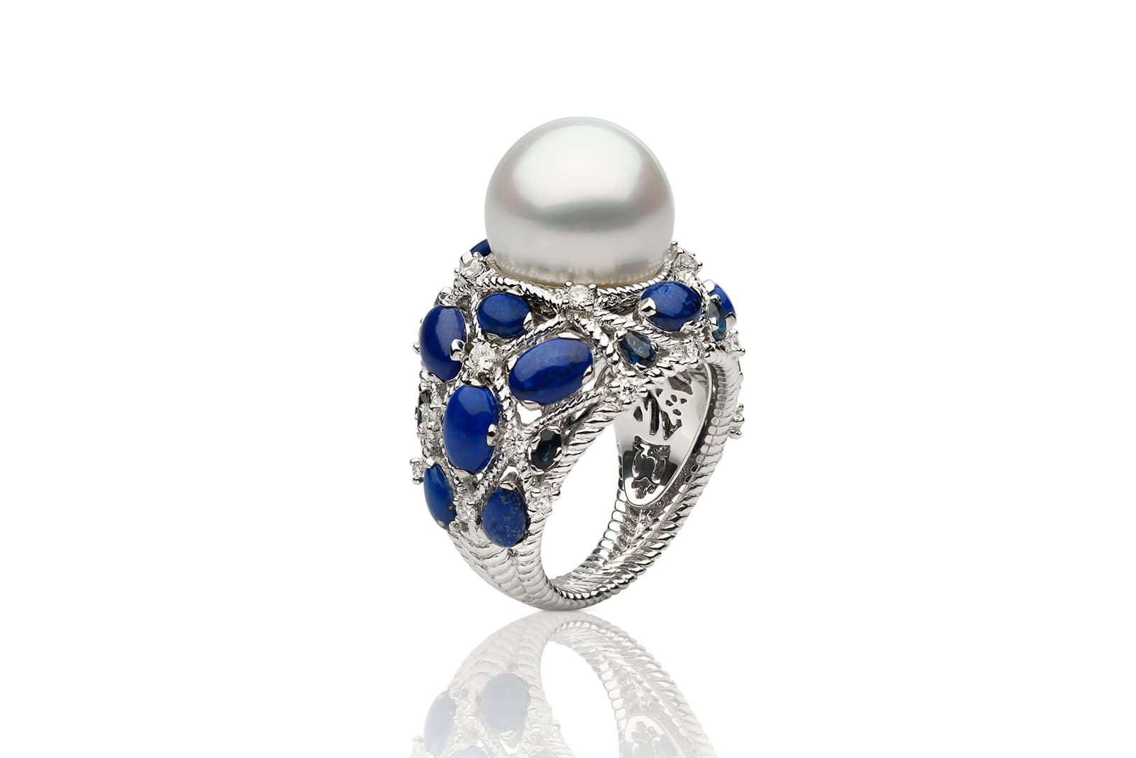  Autore 'Mediterranean' collection cocktail ring with diamonds, South Sea pearls and lapis lazuli in 18k white gold