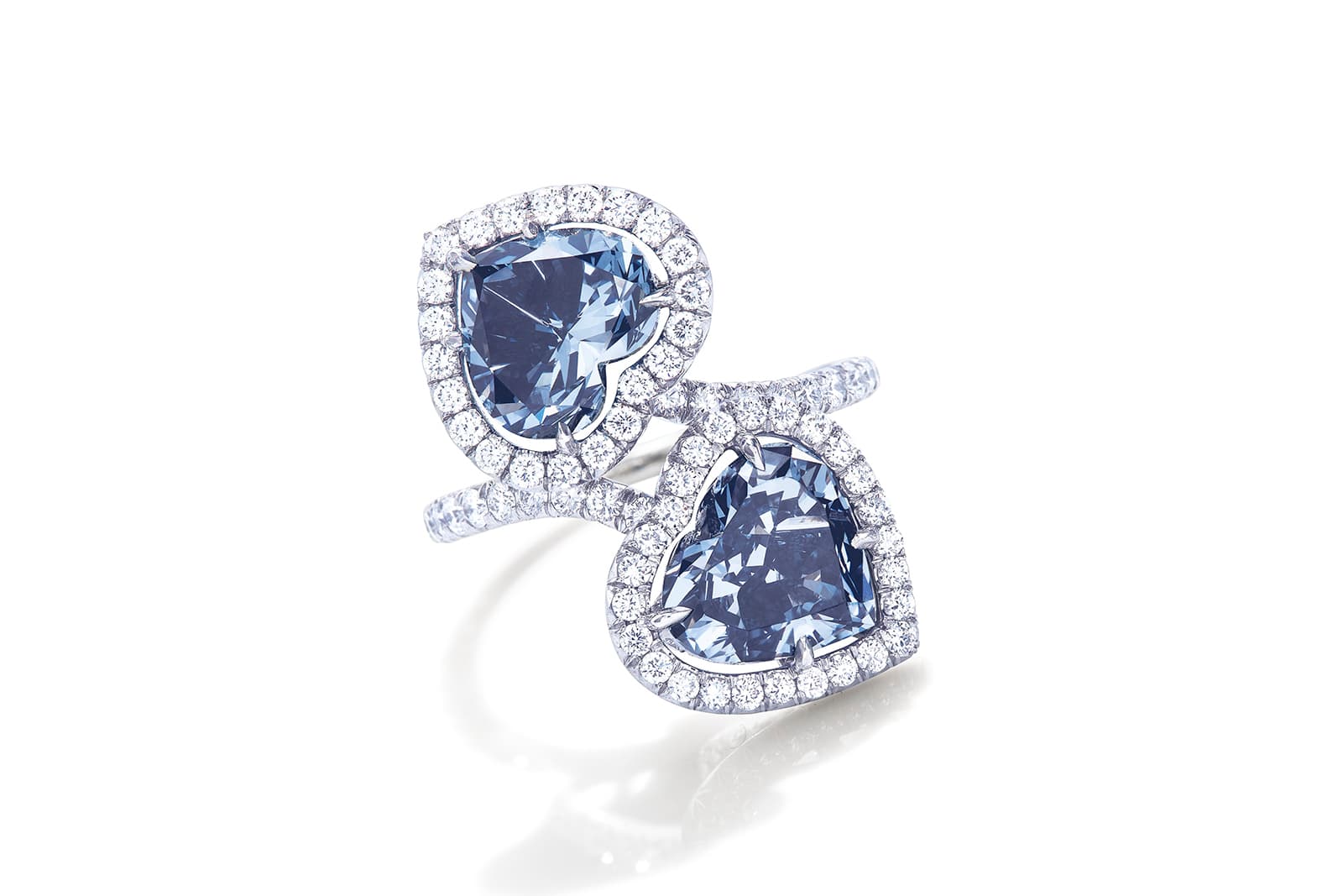  Toi et moi ring with 2.22ct and 2.00ct fancy deep blue heart shaped brilliant cut diamonds, and colourless diamonds