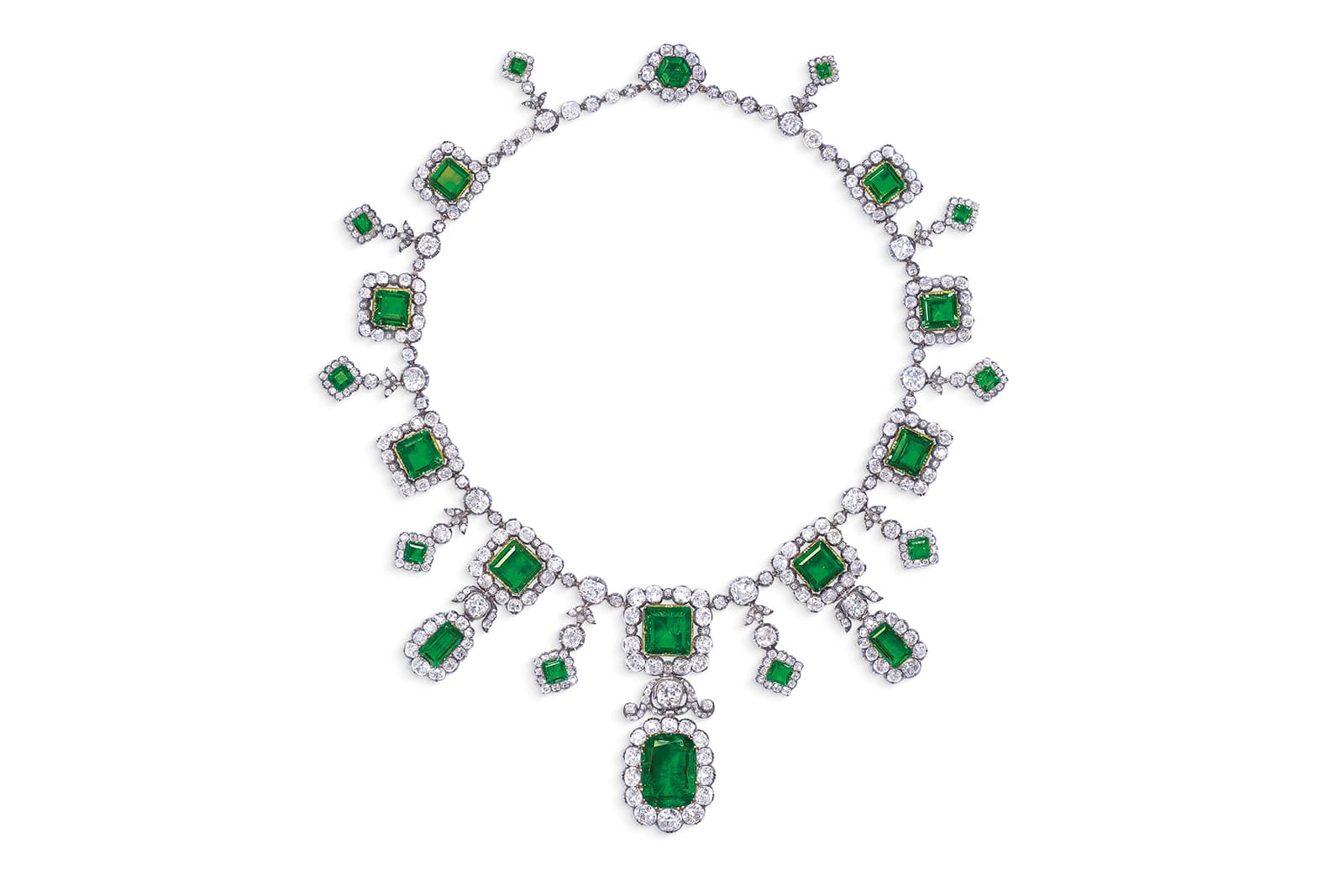  Early 19th Century fringe necklace with 23 Colombian emeralds and diamonds