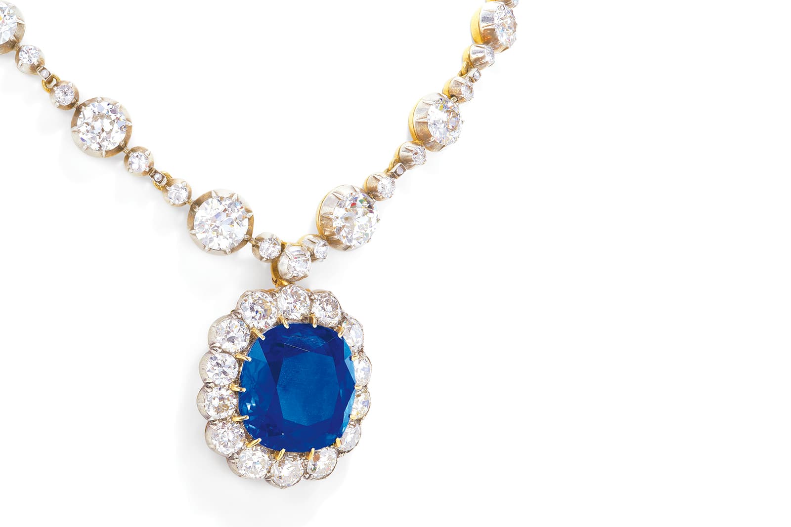 1890s pendant necklace with 57.07ct cushion cut Ceylon sapphire and diamonds