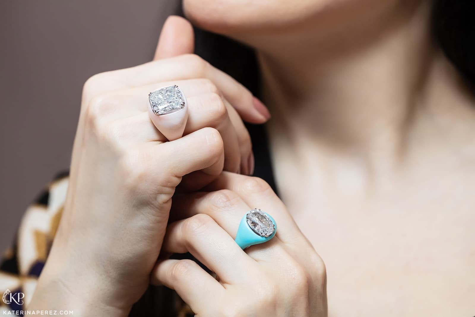  Veschetti inlaid coral ring with cushion cut diamond, and inlaid turquoise ring with oval cut diamond, both set in 18k white gold