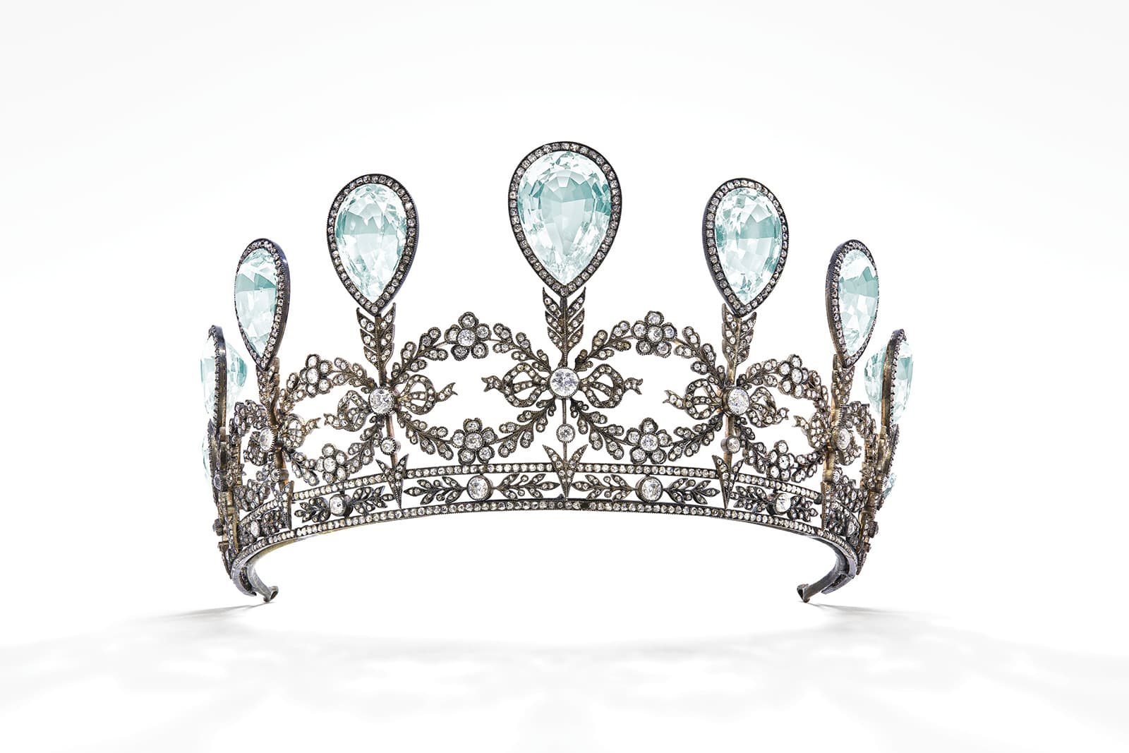 1904 Fabergé tiara with nine graduating pear cut aquamarines and diamonds