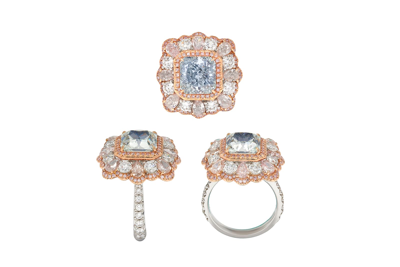  MaximiliaN London ring with square cut fancy blue diamond, green, pink and colourless diamonds