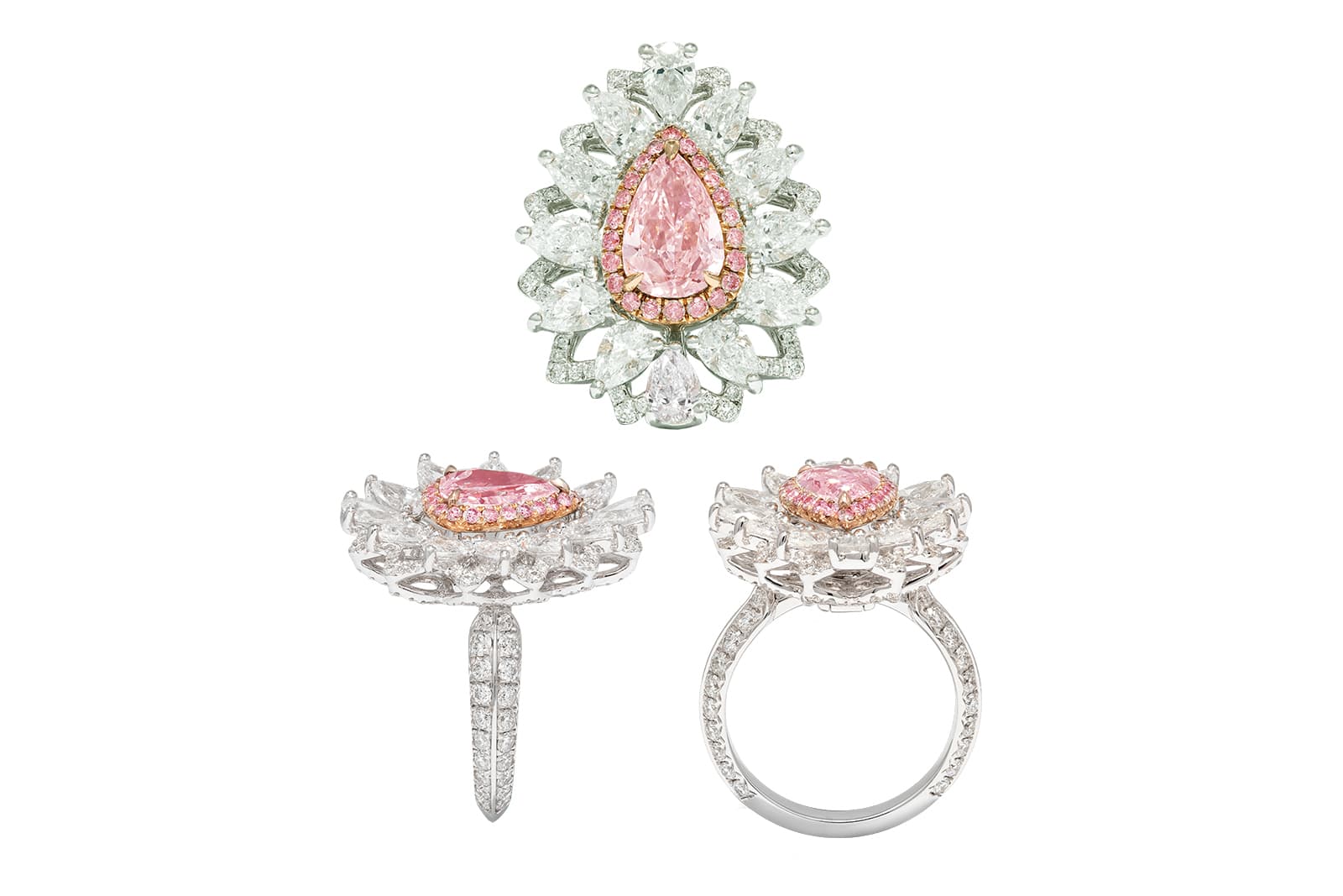  MaximiliaN London ring with pear cut pink diamond and colourless diamonds