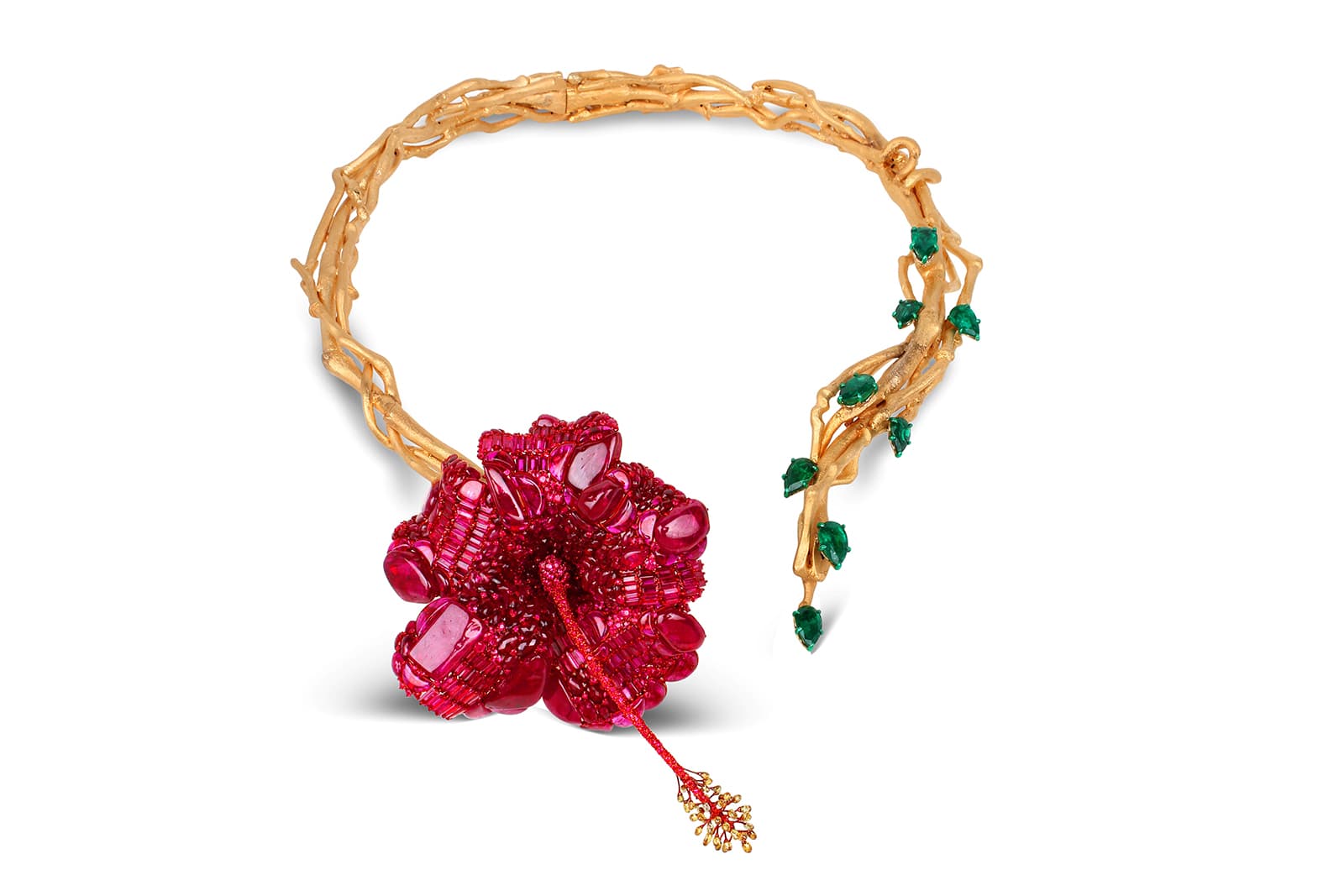 Bina Goenka 'Hibiscus' necklace with ruby and emerald in gold