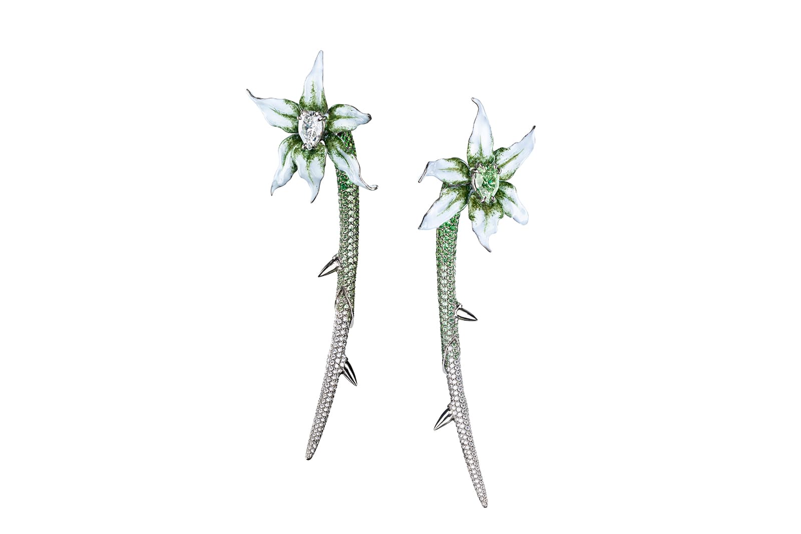   Shaun Leane orchid earrings with fancy vivid green diamond, diamond, tsavorite garnet and enamel