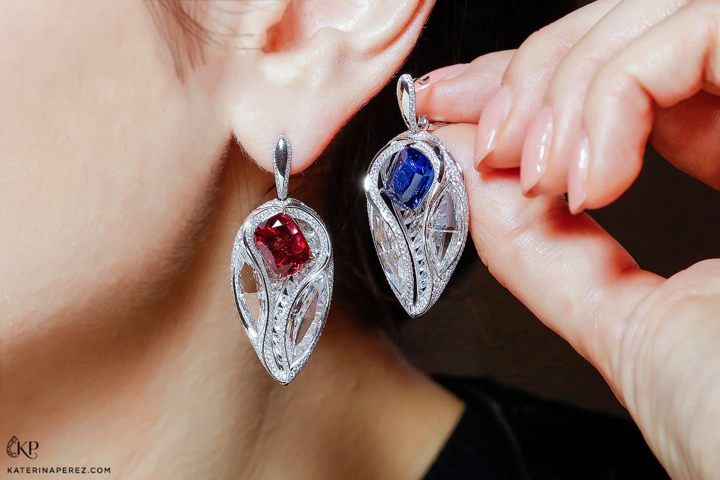 FORMS jewellery earrings with sapphire, ruby and marquise cut diamonds 