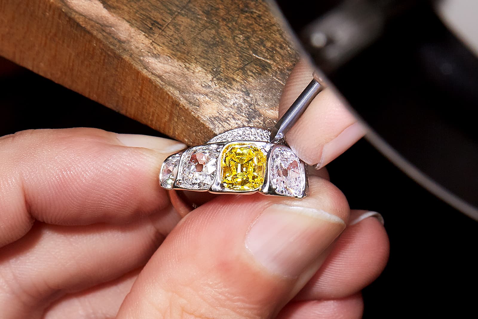  FORMS jewellery ring with old mine cut diamonds and fancy yellow diamond
