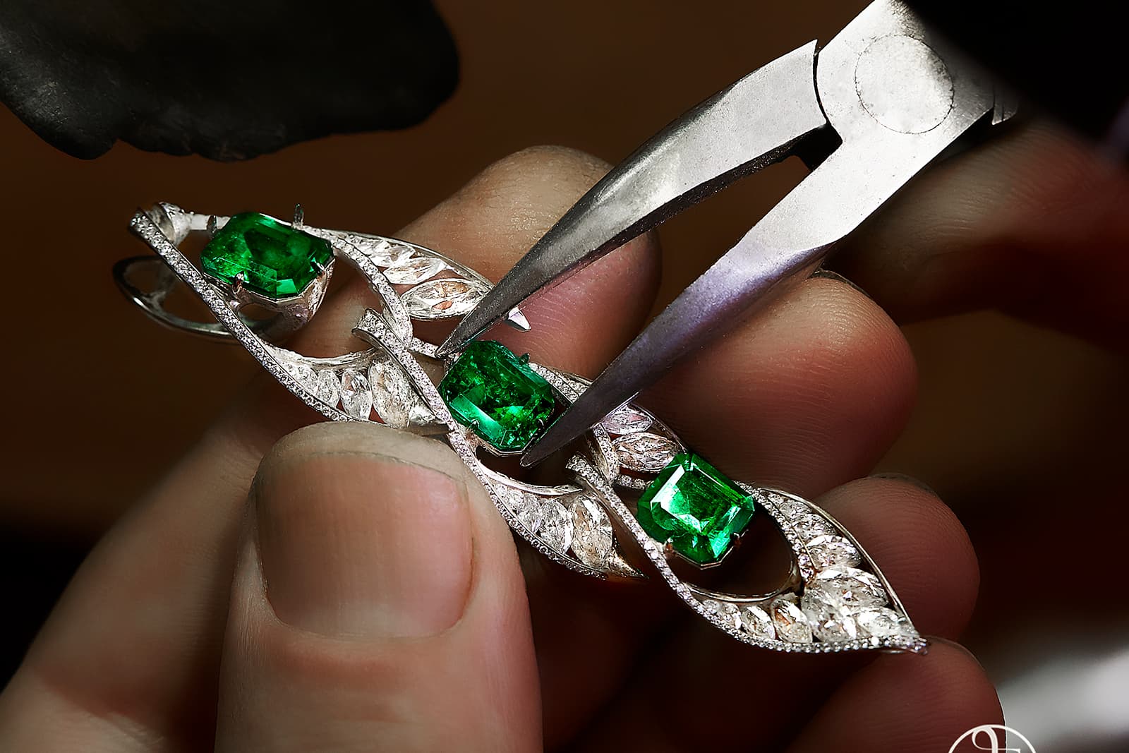 FORMS jewellery earrings with Colombian emeralds, marquise cut and pavé diamonds