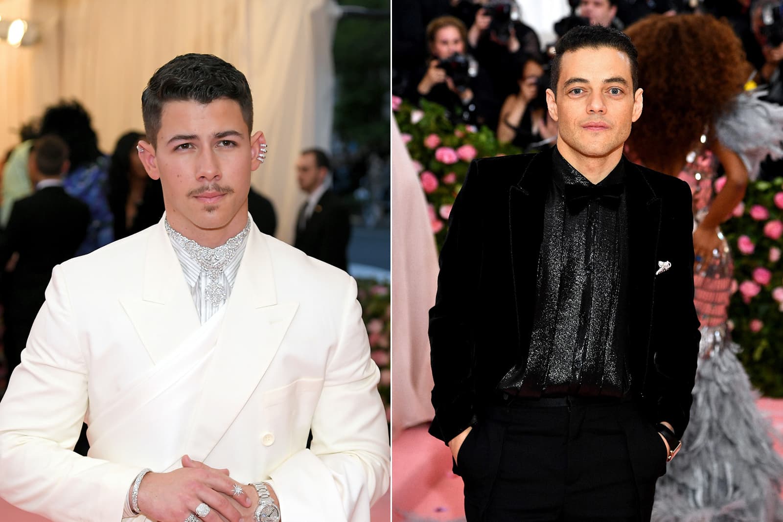 Nick Jonas wearing Chopard jewellery, including a necklace from the ‘Precious Lace Collection,’ a ring from the ‘Green Carpet Collection’, and watch from the ‘Imperiale Collection’ - all in diamonds in 18k white Fairmined gold and Rami Malek in ‘Cartier de Panthere’ brooch with emeralds, diamonds and onyx and Cartier Tank MC watch
