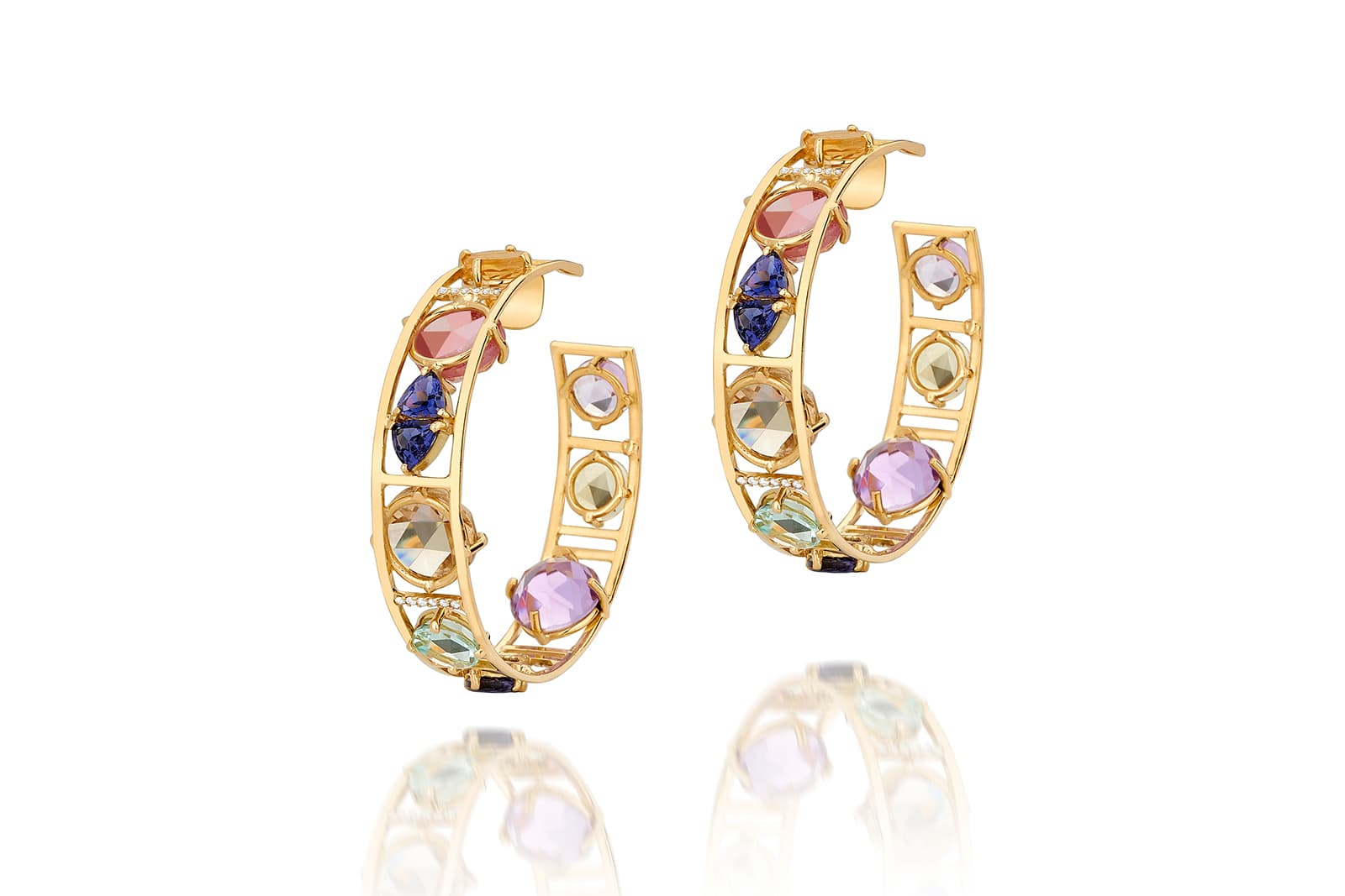  Carol Kauffmann 'Venezia' hoop earrings with citrine, rubellite, aquamarine, amethyst, beryls in yellow gold