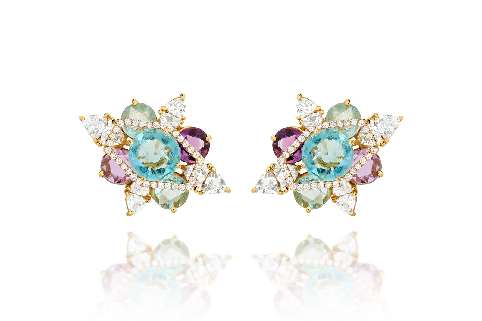  Carol Kauffmann 'Venezia' earrings with 5ct aquamarines, beryls, topaz, amethyst and diamonds in yellow gold 