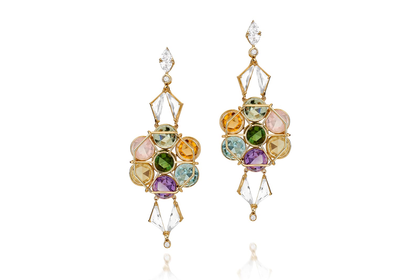  Carol Kauffmann 'Venezia' drop earrings with diamonds, topaz, citrine, rubellite, aquamarine, amethyst, beryls in yellow gold