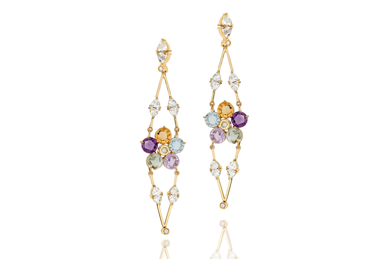  Carol Kauffmann 'Venezia' drop earrings with diamonds, topaz, citrine, rubellite, aquamarine, amethyst, beryls in yellow gold