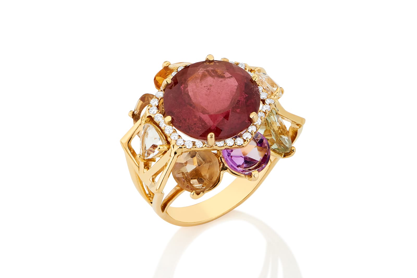 Carol Kauffmann 'Venezia' ring with 9ct rubellite, beryls, amethyst, white topaz and diamonds in yellow gold 