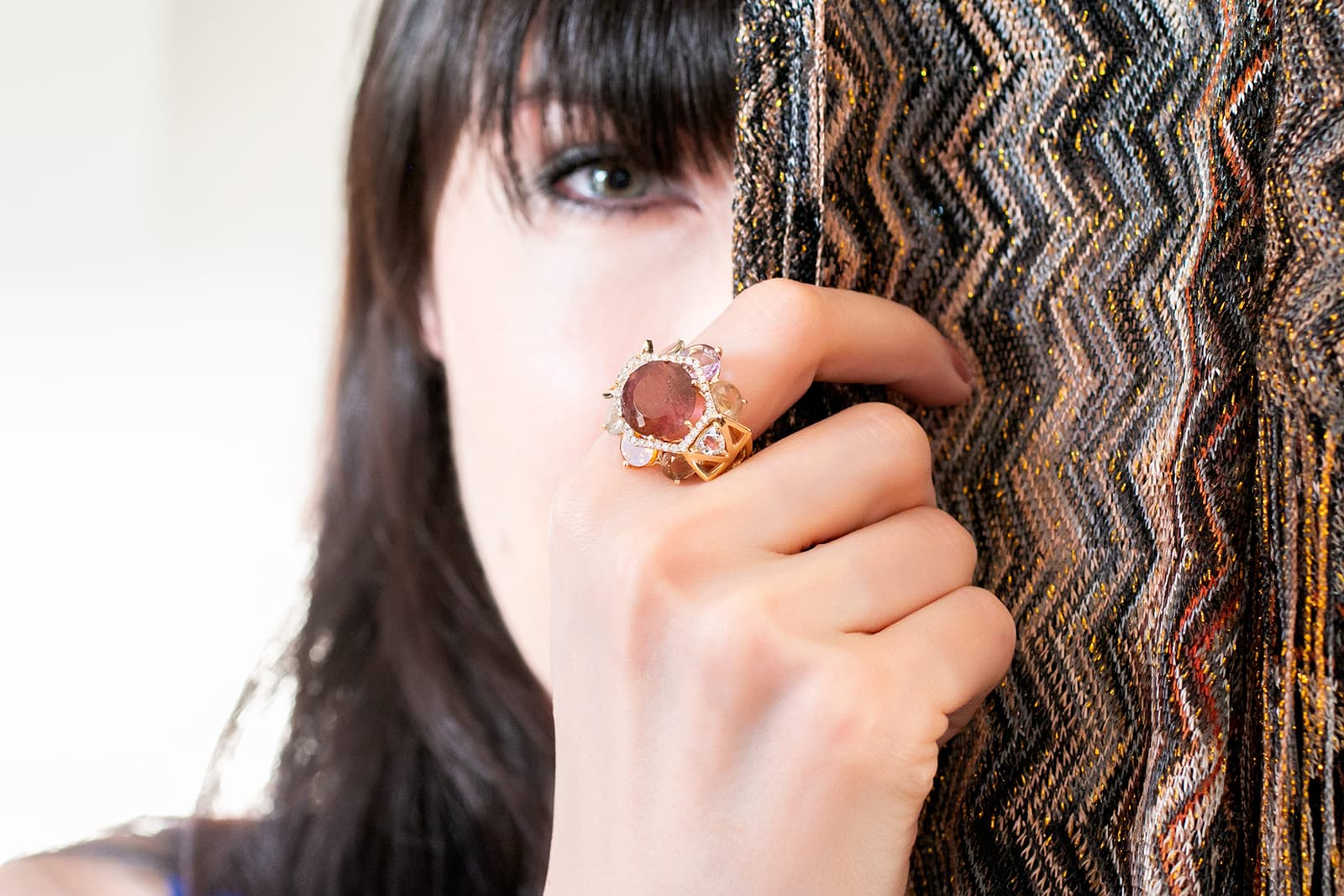 Carol Kauffmann 'Venezia' ring with 9ct rubellite, beryls, amethyst, white topaz and diamonds in yellow gold