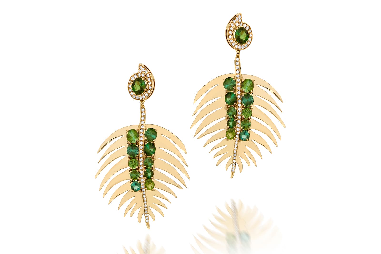  Carol Kauffmann 'Palm' medium earrings from the 'Botanica' collection with 9.5ct tourmalines and diamonds in yellow gold