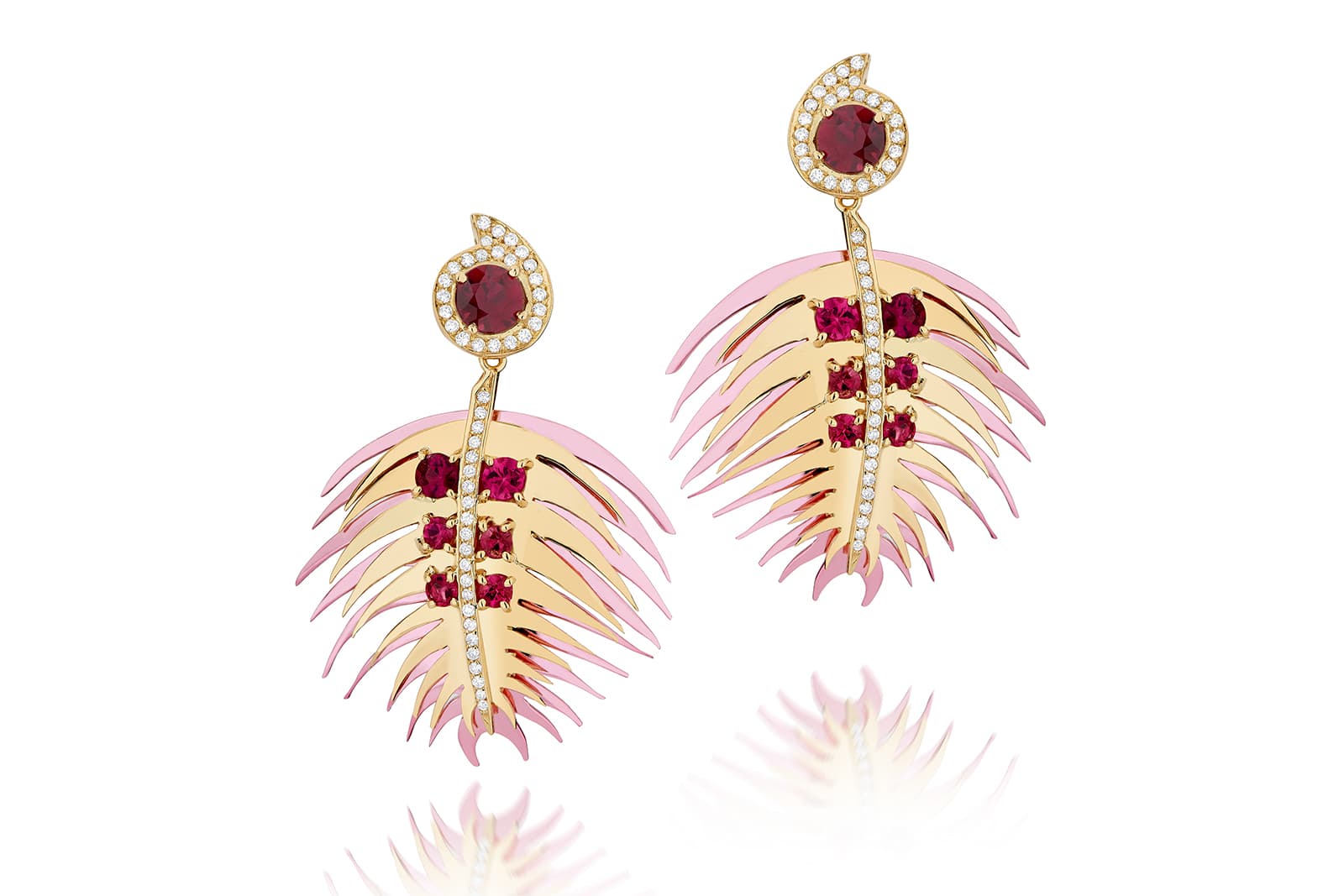  Carol Kauffmann 'Palm' medium earrings from the 'Botanica' collection with diamonds and 6.2ct rubellite in nano-ceramic coated silver and yellow gold