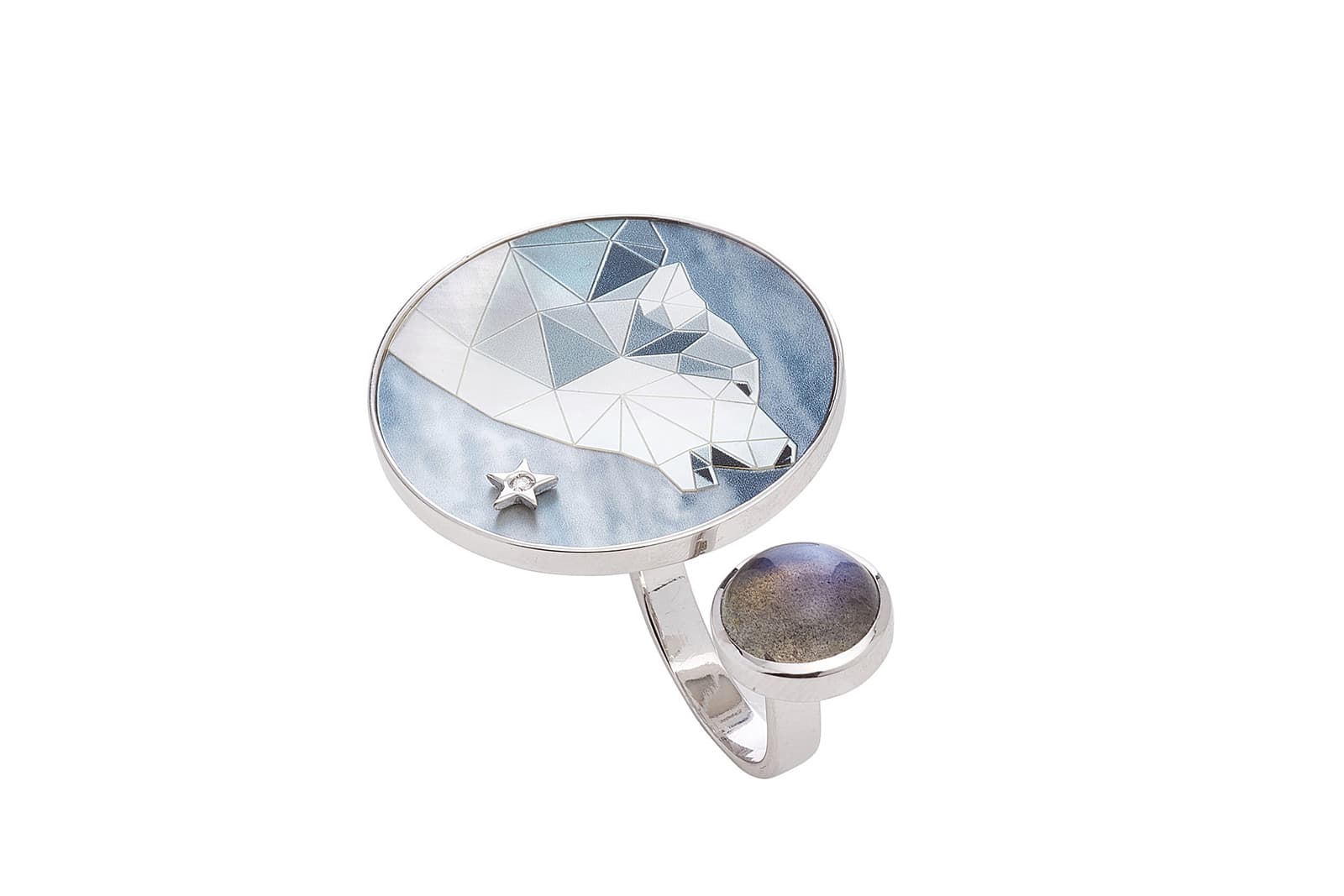Anna Maccieri Rossi 'Wolf' collection open ended ring with hand painted mother of pearl, diamond, and labrodite in white gold