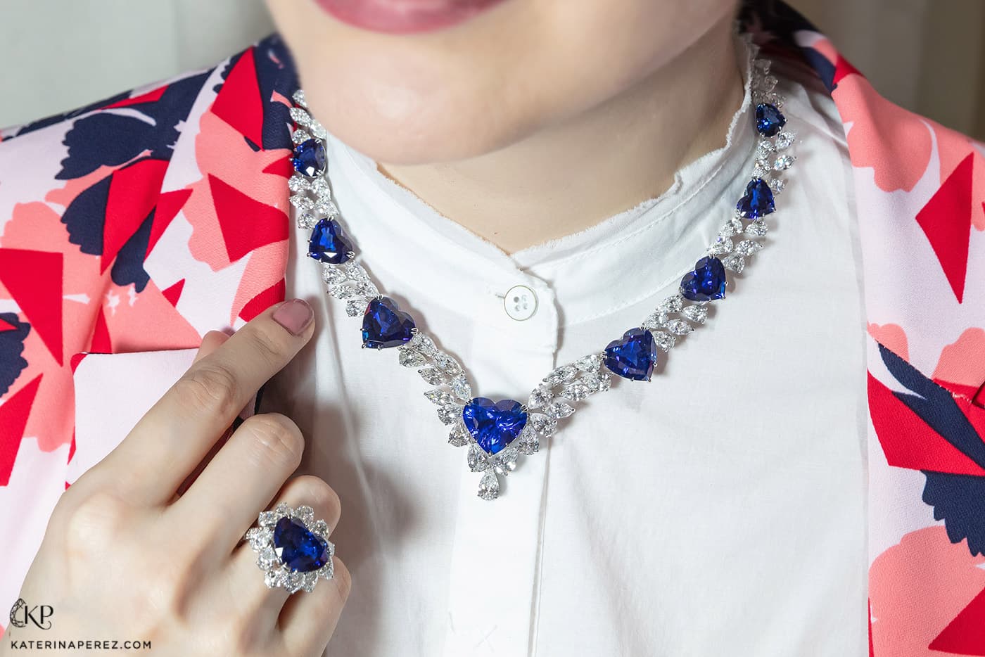 Dehres ‘Lady Blue’ necklace with 10 Sri Lankan heart shaped sapphires totaling 96ct, pear and marquise cut diamonds totaling 41.50ct, and ‘Lady Blue’ ring with a 15ct Sri Lankan heart shaped sapphire and 5ct diamonds