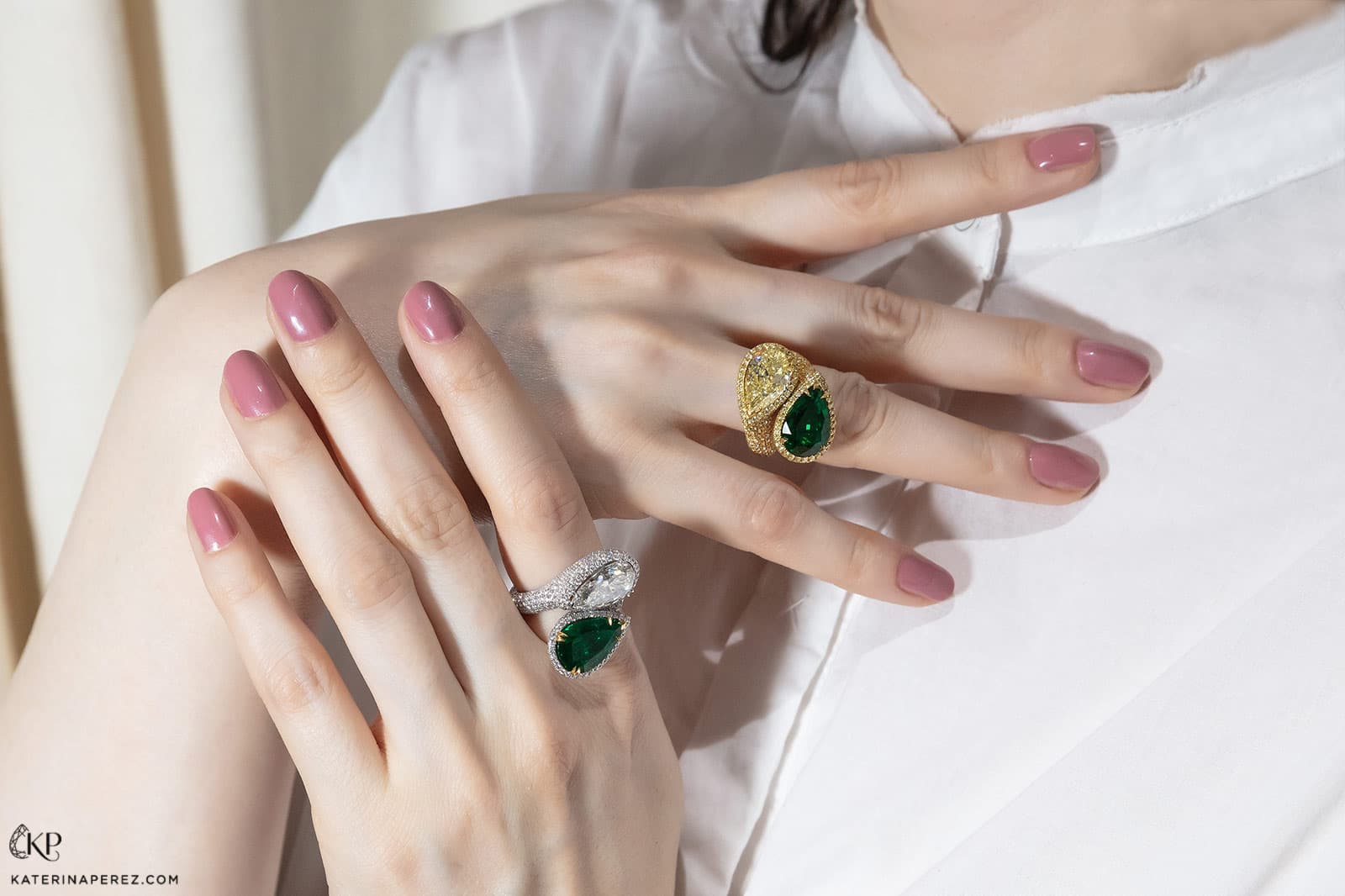 Dehres rings, (top) with 5ct Zambian emerald, 4ct pear shape fancy yellow diamond, and 560 fancy yellow diamonds totaling 3ct, and (bottom) with 4.40ct Zambian emerald, 4.40ct diamond, and 639 accenting diamonds totaling 3ct