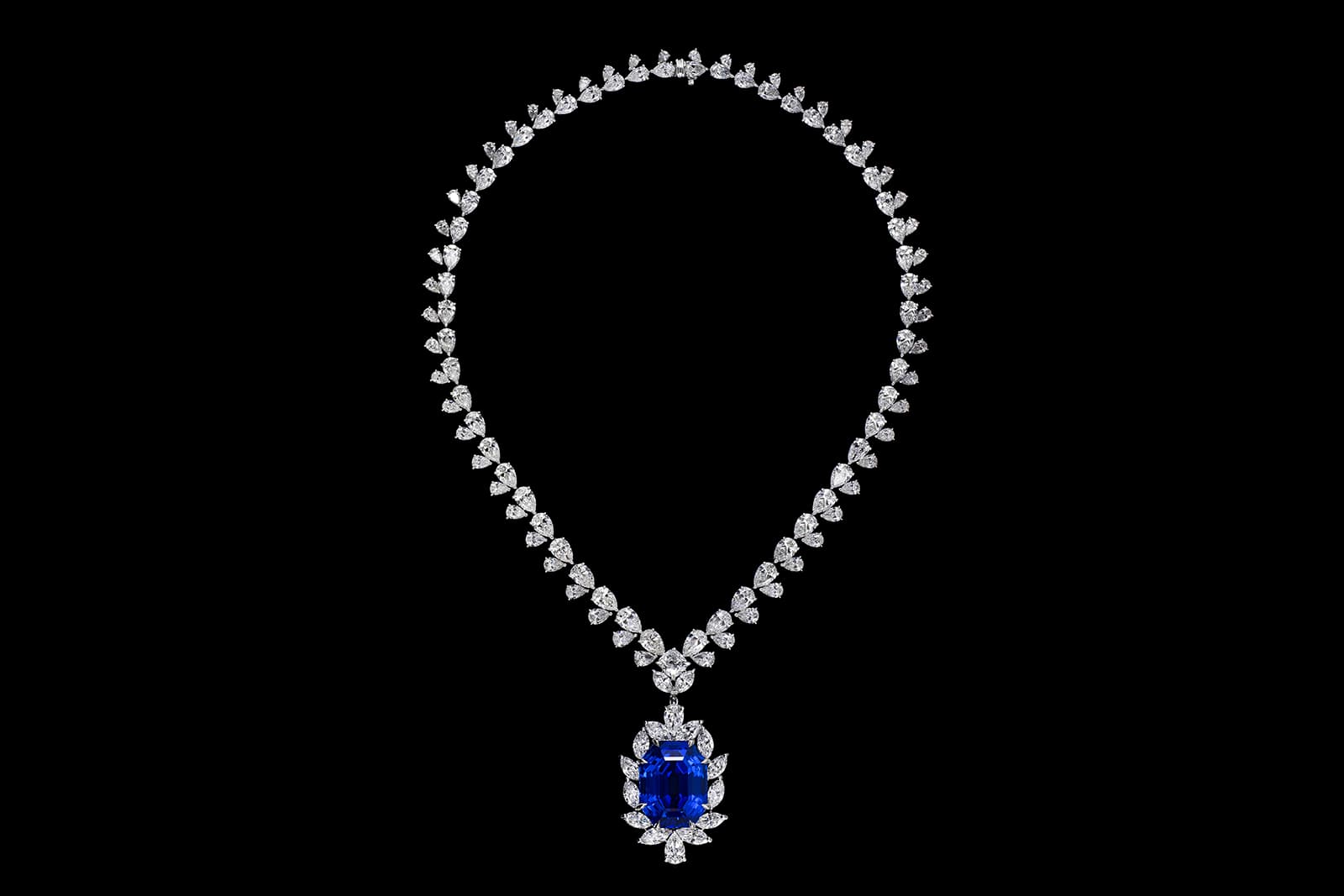 Dehres necklace with 124ct cushion cut Sri Lankan royal blue sapphire, 1.60ct antique cushion cut diamond and 59.50ct accenting diamonds in pear, marquise and round brilliant cuts