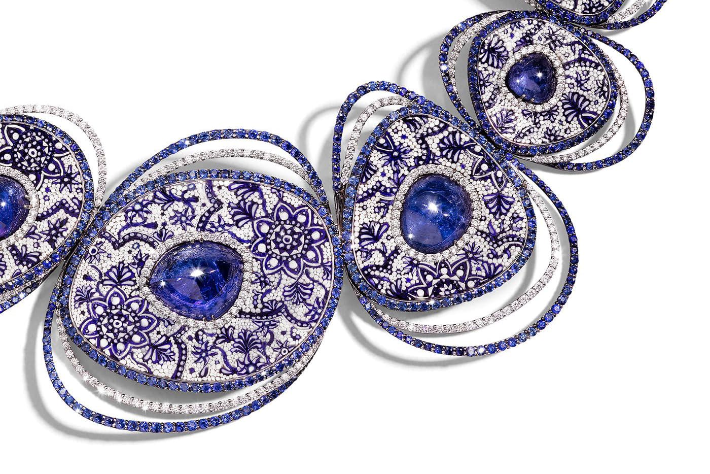  SICIS 'Cosmo' necklace with micromosaic, diamonds, sapphires and tanzanites in white gold
