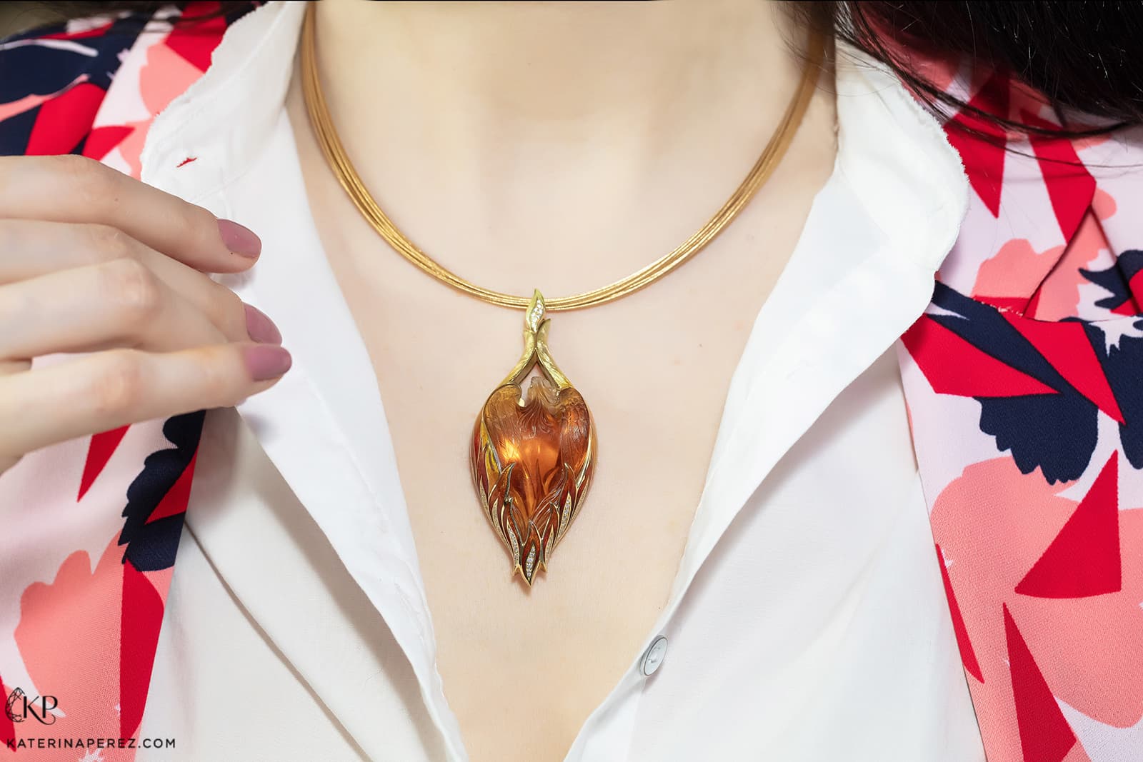 Henn of London ‘Phoenix Rising’ pendant with carved 56.80ct citrine, diamonds and enamel in 18k yellow gold
