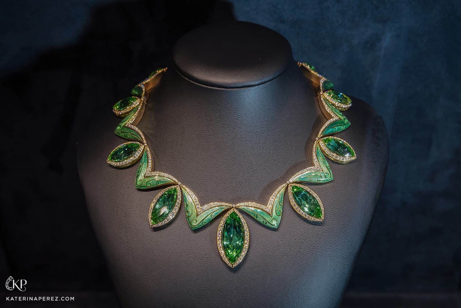  Henn of London ‘The Grand Theatre’ necklace with 113.00ct green tourmaline, diamonds and enamel in 18k yellow gold