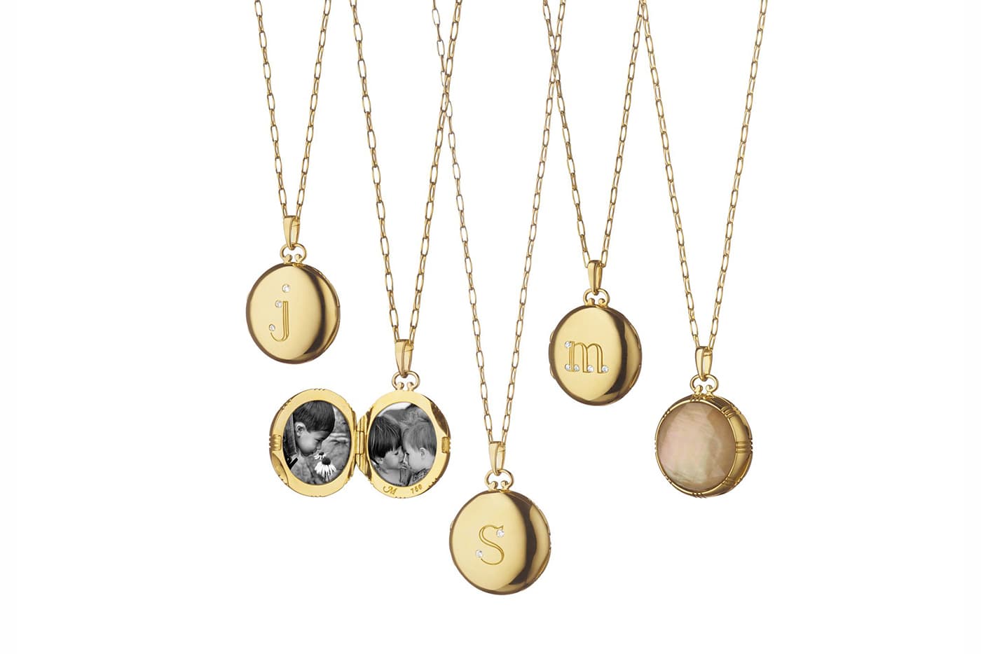  Monica Rich Kosann engravable 'Petite Initial' lockets with quartz and diamonds in yellow gold