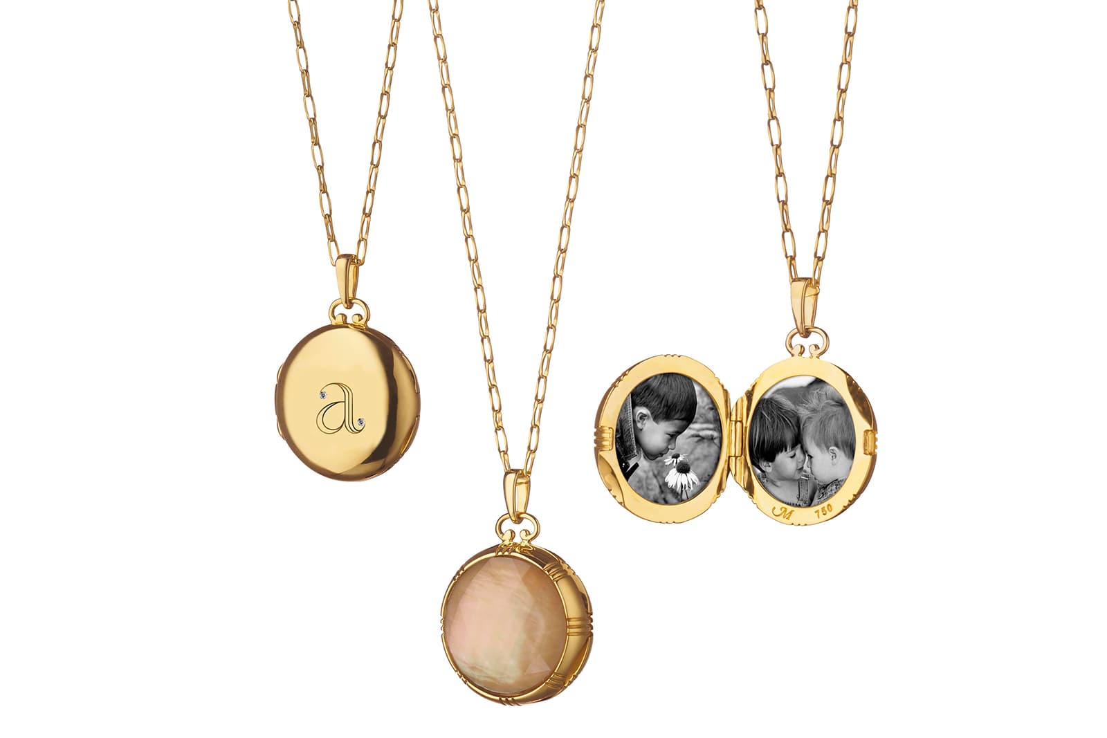 Monica Rich Kosann engravable 'Petite Initial' lockets with quartz and diamonds in yellow gold