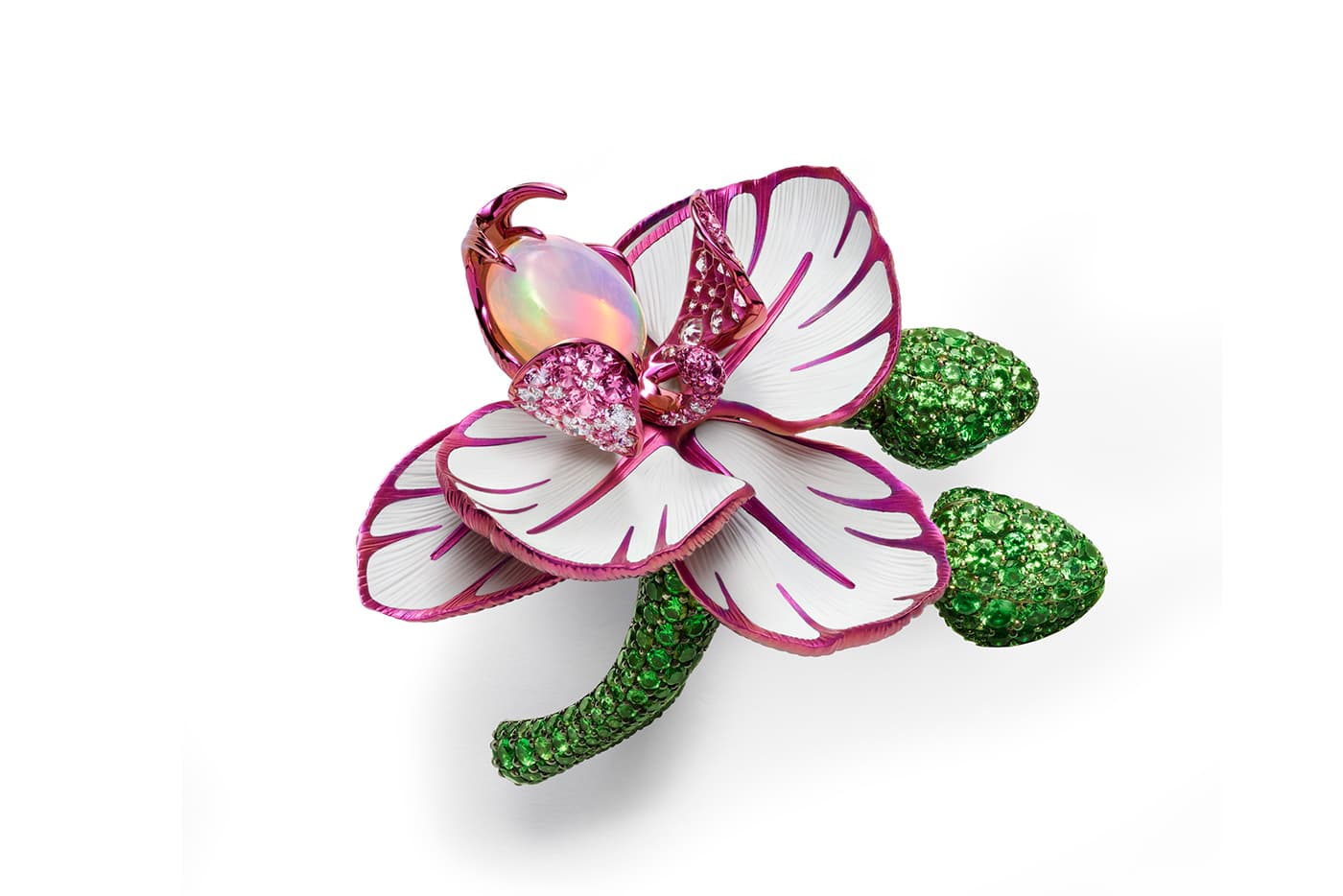  Chopard Red Carpet 2019 collection 'Orchid Suite' brooch with opal, sapphires, tsavorites and diamonds in titanium 