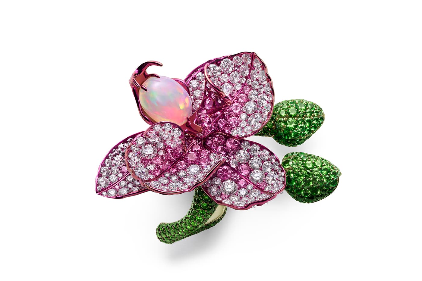  Chopard Red Carpet 2019 collection 'Orchid Suite'brooch with opal, sapphires, tsavorites and diamonds in titanium 