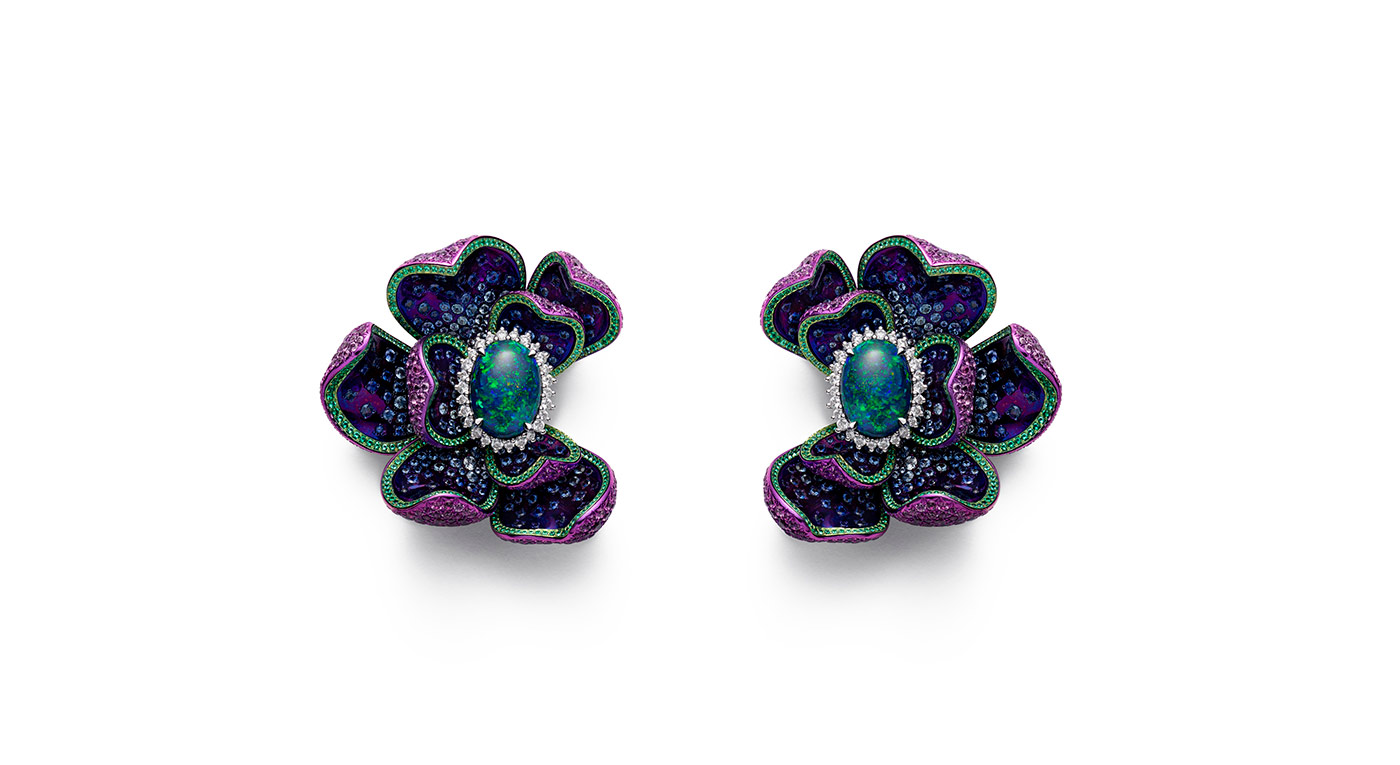  Chopard Red Carpet 2019 collection earrings with opals, amethysts, sapphires, tsavorites and diamonds in titanium