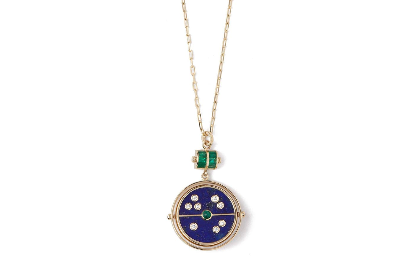  Retrouvai 'Grandfather Compass' collection necklace with diamonds, emeralds and lapis lazuli in yellow gold