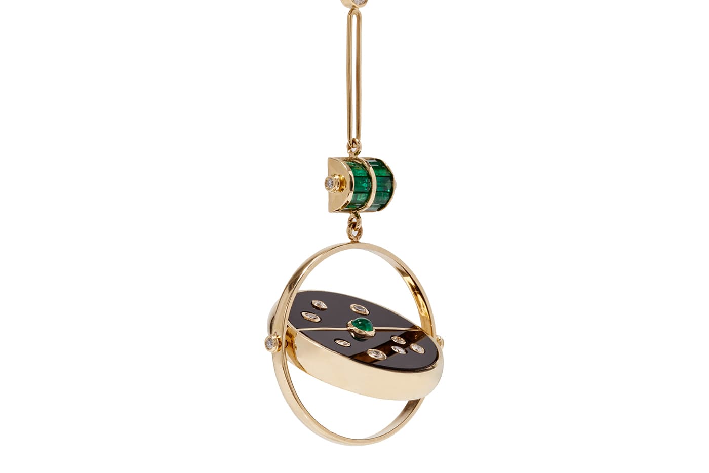  Retrouvai 'Grandfather Compass' collection necklace with diamonds, emeralds and black onyx in yellow gold