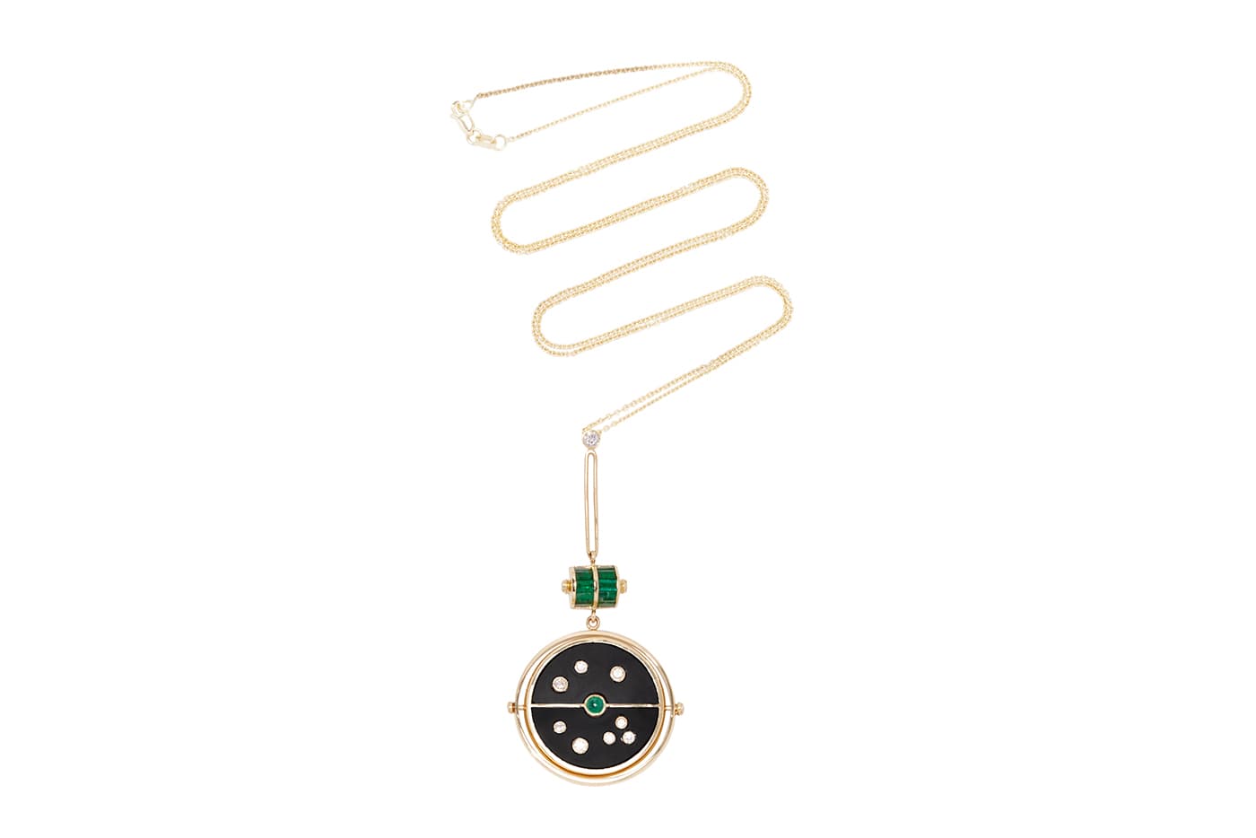 Retrouvai 'Grandfather Compass' collection necklace with diamonds, emeralds and black onyx in yellow gold