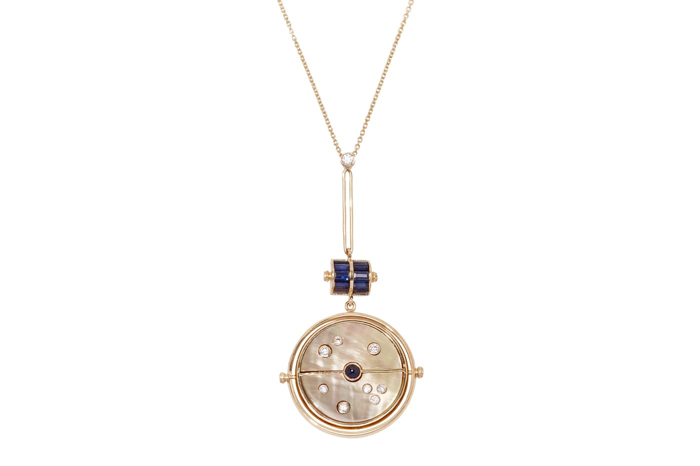  Retrouvai 'Grandfather Compass' collection necklace with diamonds, sapphires and mother of pearl in yellow gold
