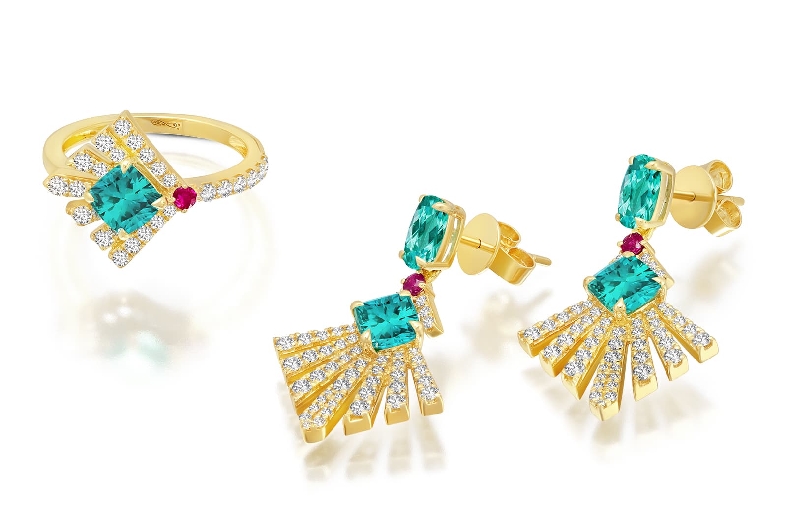  Graziela Gems 'Graziela Tourmaline' collection suite with Graziela tourmaline, rubies and diamonds in yellow gold