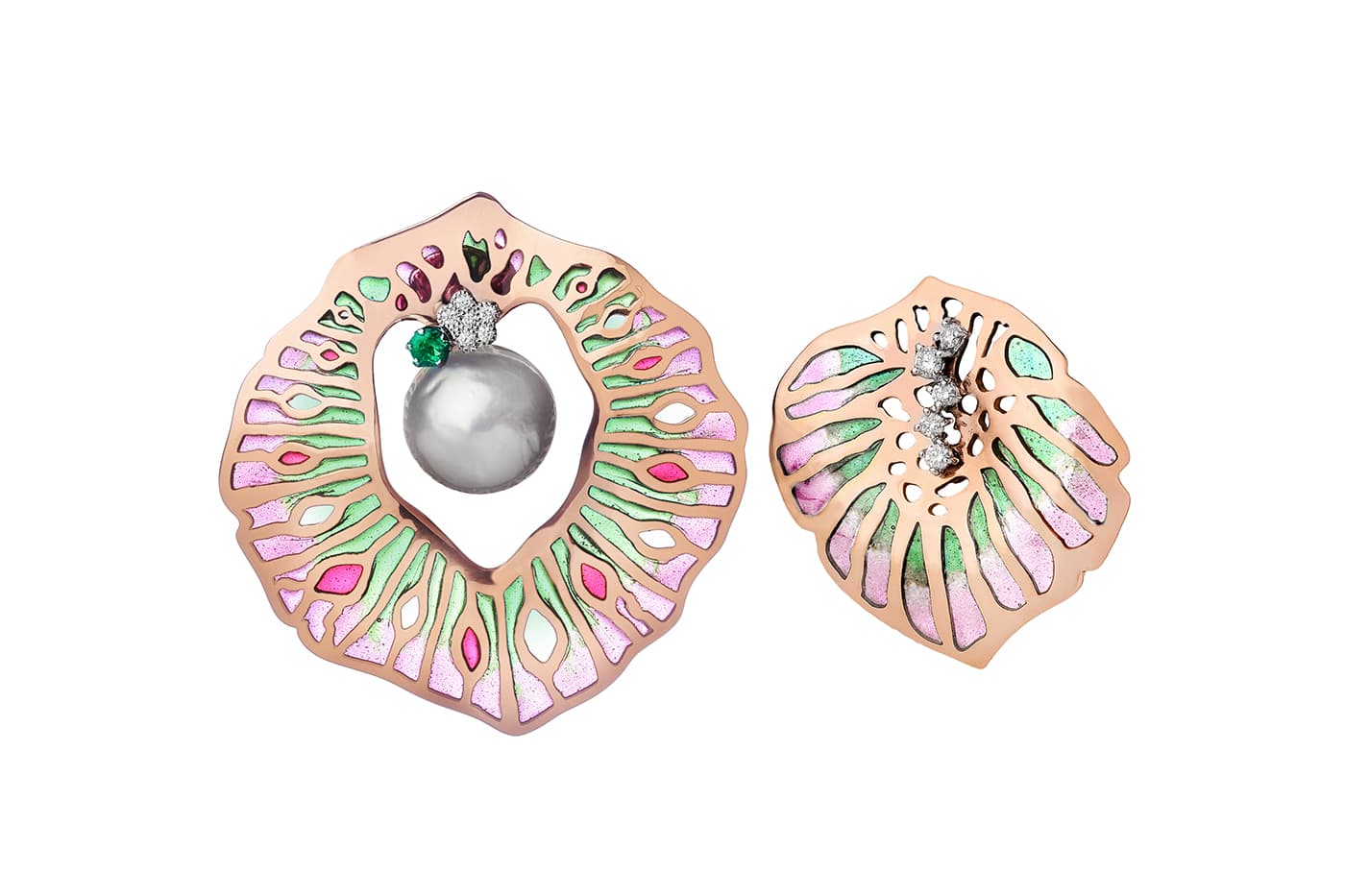  1st Runner up: Federica Rettore earrings with pearl, watermelon tourmaline, diamonds and emerald in rose gold