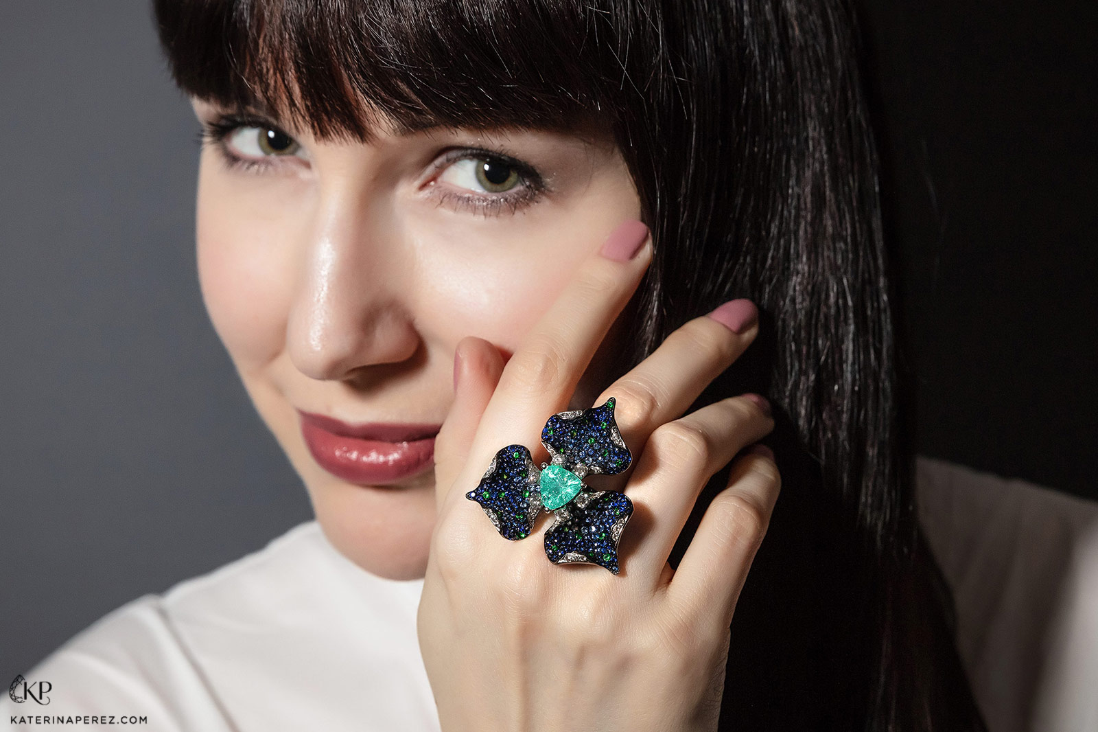 Alexander Laut 'Blue Lily' ring with 5ct Paraiba type tourmaline, sapphires, tsavorites, and diamonds