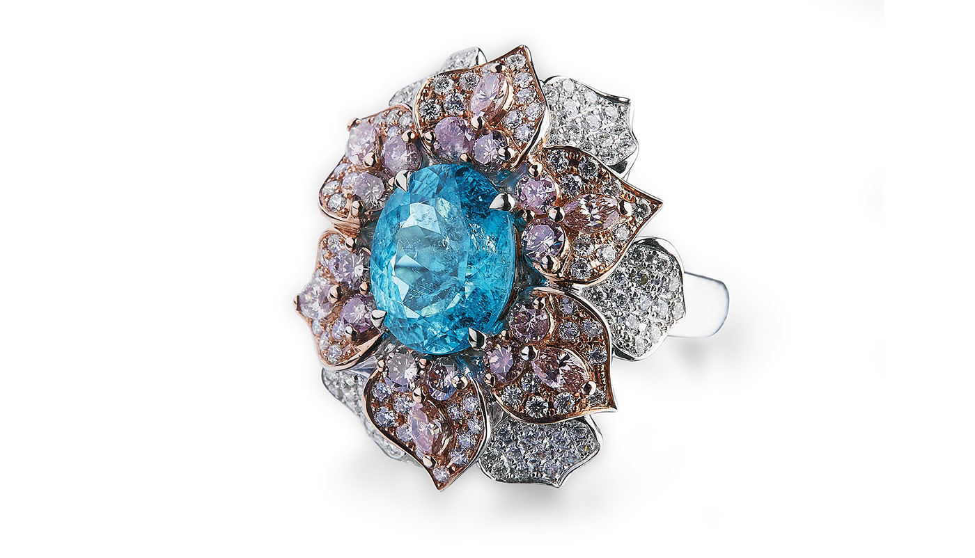 Alexander Laut 'Chrisontem' ring with 7ct Paraiba tourmaline, pink and colourless diamonds