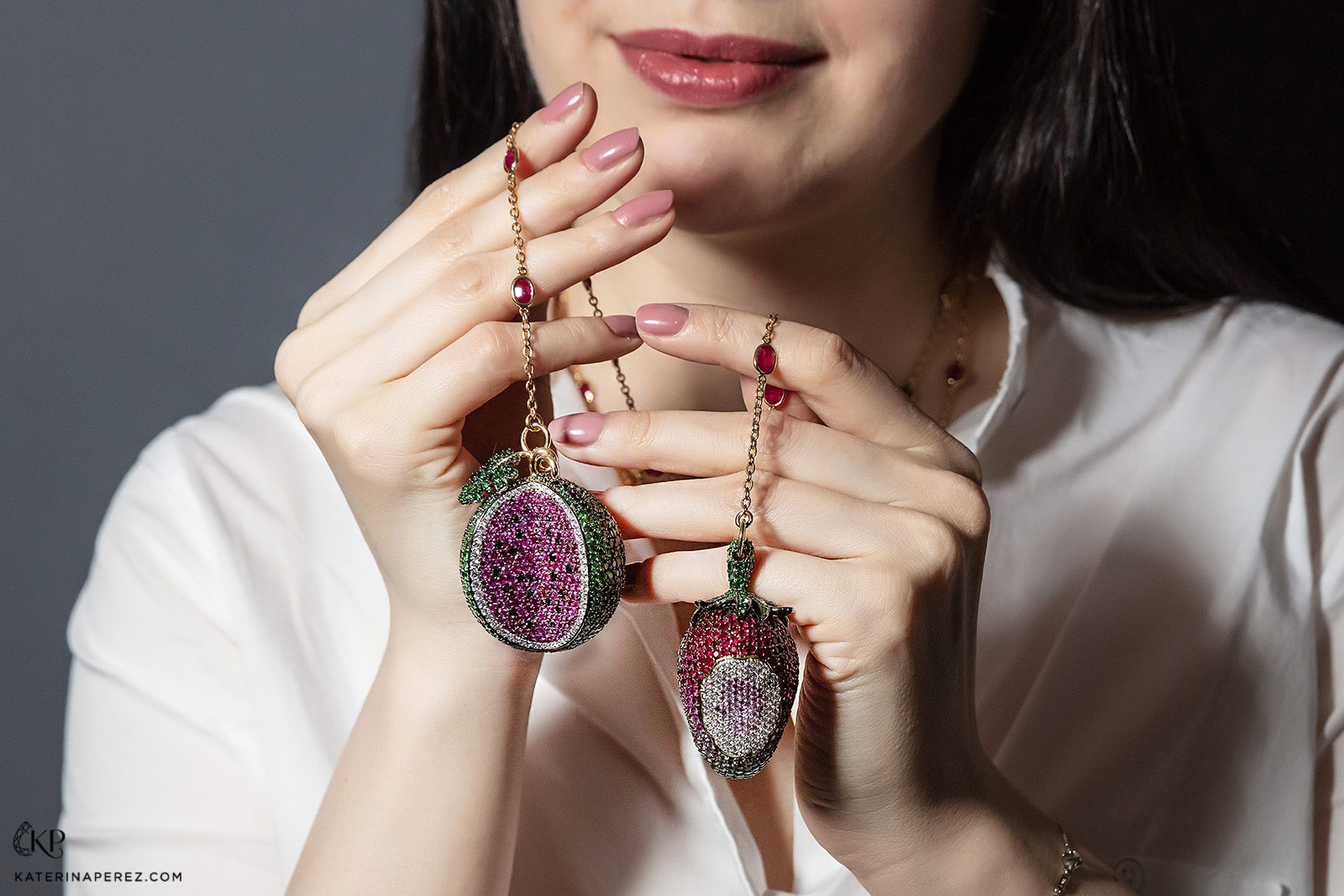 Alexander Laut 'Happy Fruits' collection necklaces with rubies, tsavorites, sapphires, and diamonds