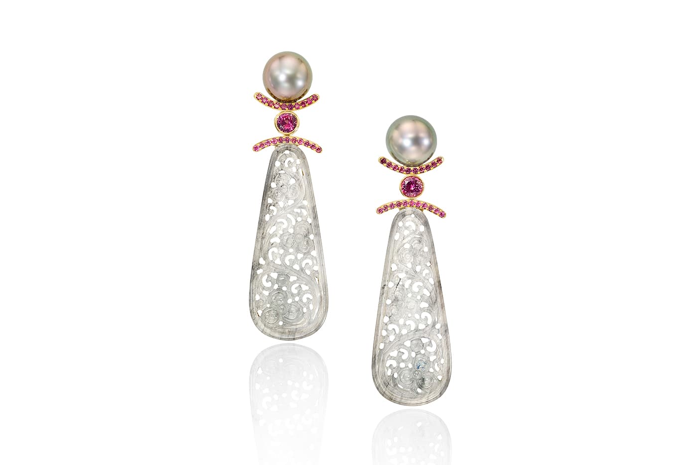  Assael earrings with white jade, rubellite and Tahitian pearls 