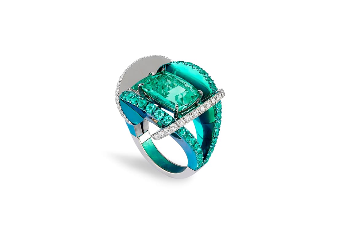 Fabio Salini ring with 5.88ct Paraiba tourmaline and diamonds in gold and titanium